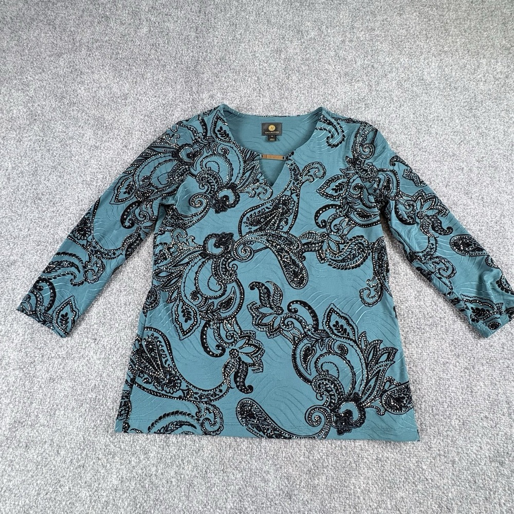 JM Collection Top Women's PS Blue Teal Paisley Jacquard Keyhole Embellished Boho
